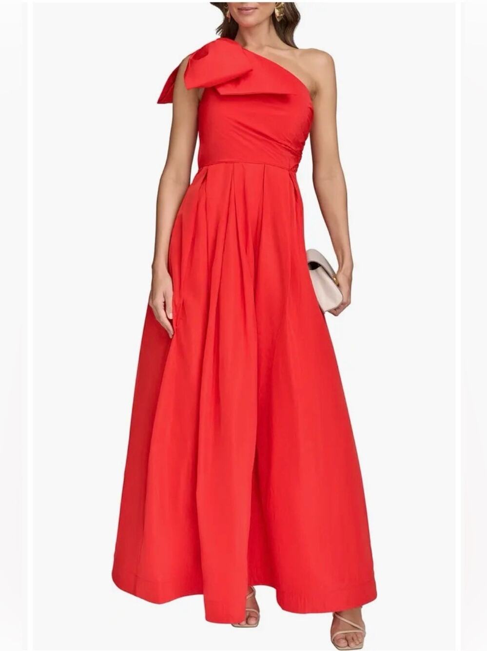 Donna Karan One-Shoulder Bow Taffeta Gown Sahara Red